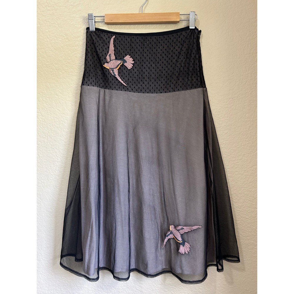 Farm Rio Vintage Y2K Mesh Midi Skirt Black Grey Embroidered Bird Polka Dot Small